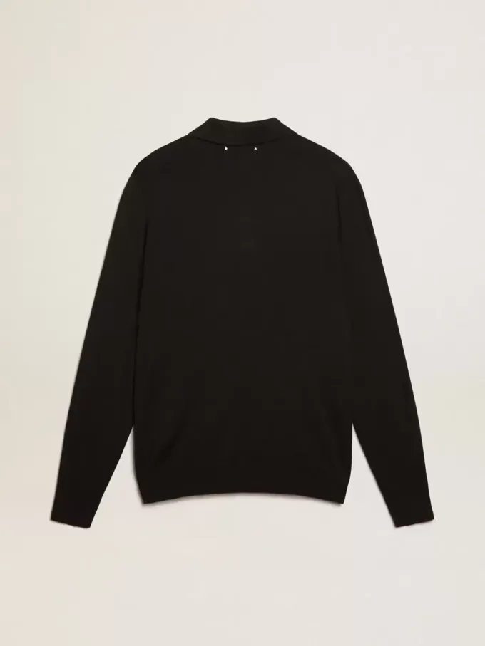 Polo de manga larga para hombre en lana merino negra Polo de manga larga para hombre en lana merino negra