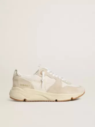 Running Sole para mujer en lona con estrella beige y lengüeta del talón en piel metalizada platino Running Sole para mujer en lona con estrella beige y lengüeta del talón en piel metalizada platino