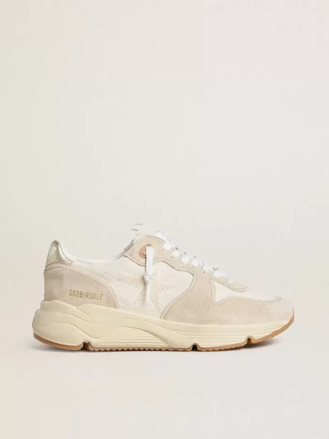 Running Sole para mujer en lona con estrella beige y lengüeta del talón en piel metalizada platino Running Sole para mujer en lona con estrella beige y lengüeta del talón en piel metalizada platino