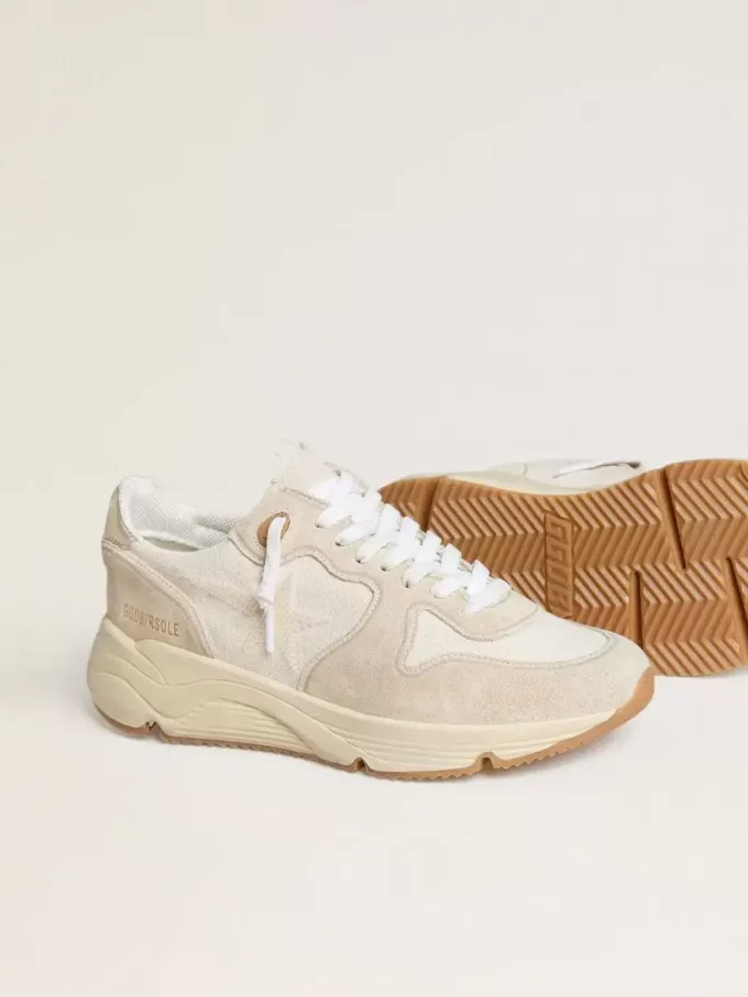 Running Sole para mujer en lona con estrella beige y lengüeta del talón en piel metalizada platino Running Sole para mujer en lona con estrella beige y lengüeta del talón en piel metalizada platino