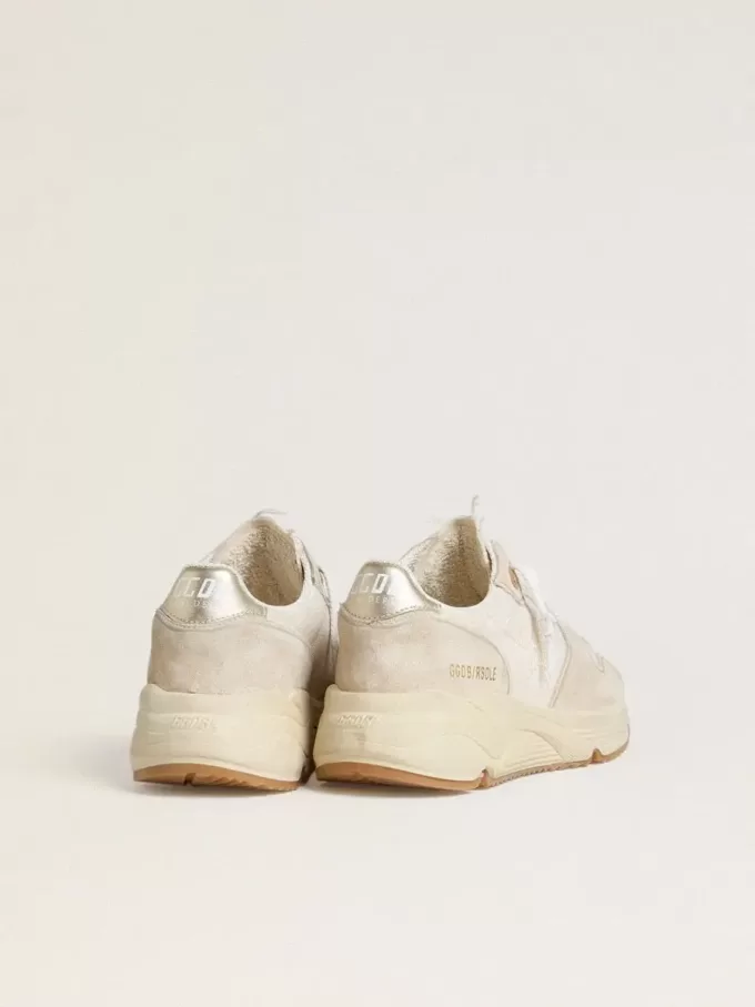 Running Sole para mujer en lona con estrella beige y lengüeta del talón en piel metalizada platino Running Sole para mujer en lona con estrella beige y lengüeta del talón en piel metalizada platino