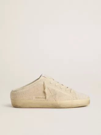Sabot Super-Star para mujer en lona beige con abalorios bordados y estrella de ante beige