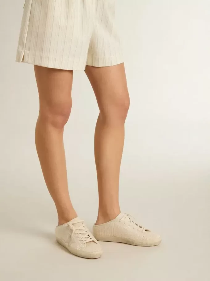 Sabot Super-Star para mujer en lona beige con abalorios bordados y estrella de ante beige Sabot Super-Star para mujer en lona beige con abalorios bordados y estrella de ante beige