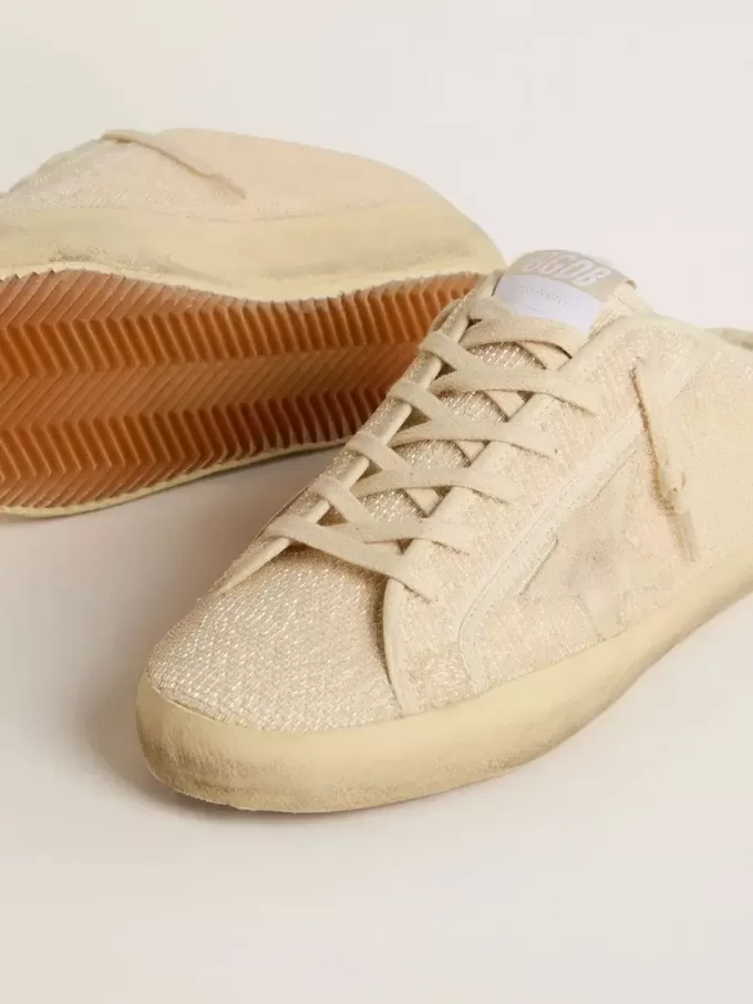 Sabot Super-Star para mujer en lona beige con abalorios bordados y estrella de ante beige Sabot Super-Star para mujer en lona beige con abalorios bordados y estrella de ante beige