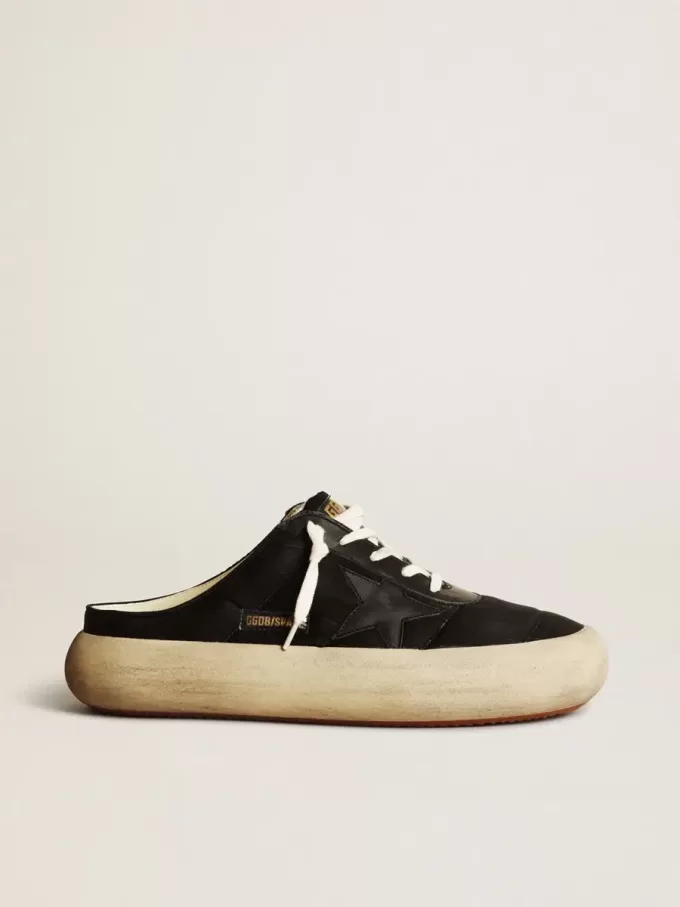 Sabots Space-Star para hombre en nailon negro con estrella de cuero negro Sabots Space-Star para hombre en nailon negro con estrella de cuero negro