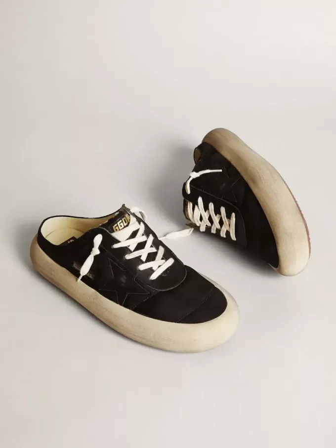 Sabots Space-Star para hombre en nailon negro con estrella de cuero negro Sabots Space-Star para hombre en nailon negro con estrella de cuero negro