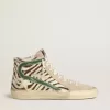 Sandalias para mujer en piel de potro con estampado de cebra y detalle en piel laminada verde Sandalias para mujer en piel de potro con estampado de cebra y detalle en piel laminada verde