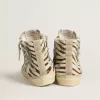 Sandalias para mujer en piel de potro con estampado de cebra y detalle en piel laminada verde Sandalias para mujer en piel de potro con estampado de cebra y detalle en piel laminada verde
