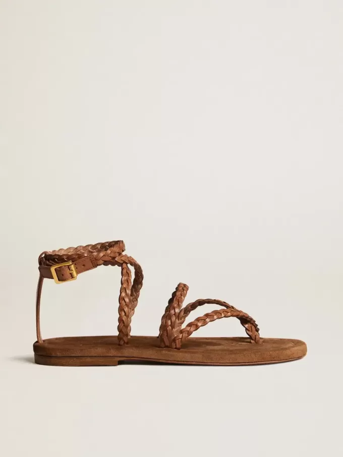 Sandalias planas Penelope para mujer en piel color tabaco con suela de ante Sandalias planas Penelope para mujer en piel color tabaco con suela de ante