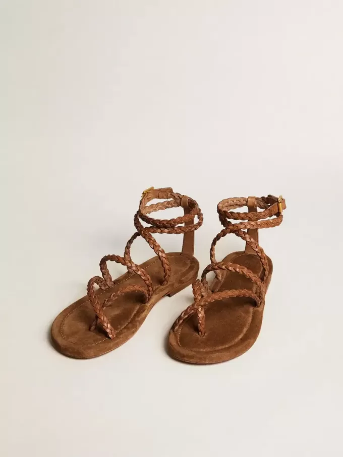 Sandalias planas Penelope para mujer en piel color tabaco con suela de ante Sandalias planas Penelope para mujer en piel color tabaco con suela de ante