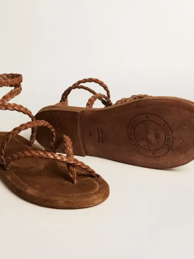Sandalias planas Penelope para mujer en piel color tabaco con suela de ante Sandalias planas Penelope para mujer en piel color tabaco con suela de ante