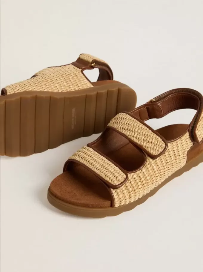 Sandalias Young Noa en rafia beige y piel marrón