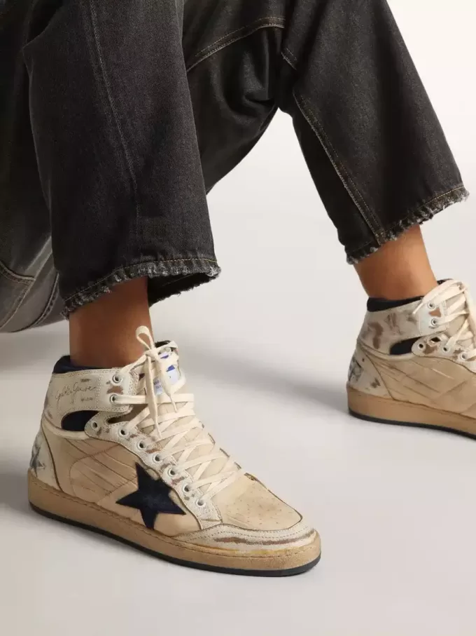 Sky-Star para hombre en nailon y piel de color crema con estrella de ante azul Sky-Star para hombre en nailon y piel de color crema con estrella de ante azul