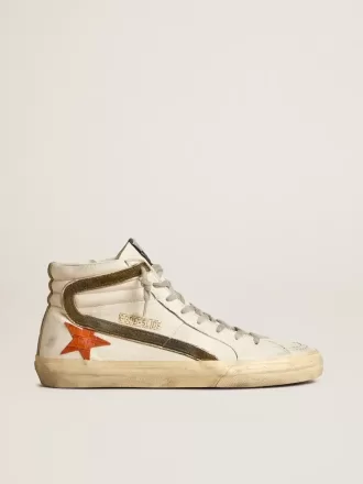 Slide de piel napa para hombre con estrella naranja con estampado de cocodrilo y detalle de ante verde
