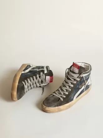 Slide en denim azul medianoche con estrella de cuero blanco