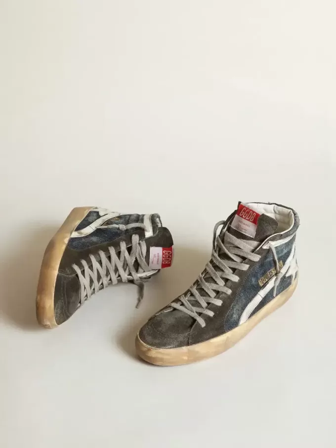 Slide en denim azul medianoche con estrella de cuero blanco