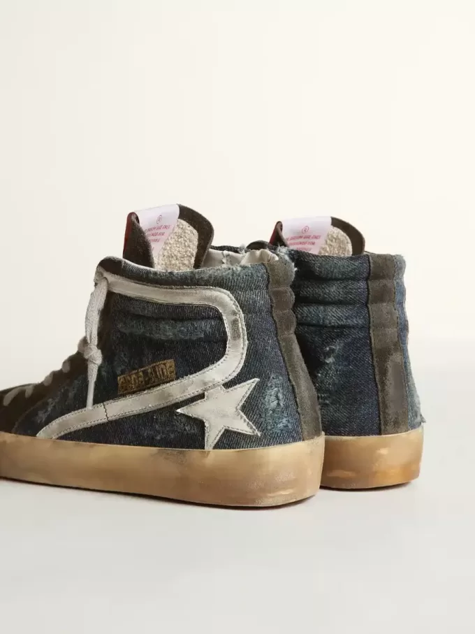 Slide en denim azul medianoche con estrella de cuero blanco
