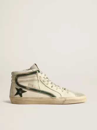Slide en napa beige con estrella y flash en piel laminada verde