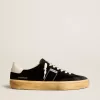 Soul Star para hombre en terciopelo negro con lengüeta del talón en cuero blanco Soul Star para hombre en terciopelo negro con lengüeta del talón en cuero blanco