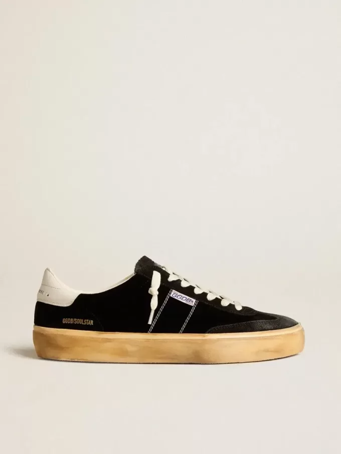 Soul Star para hombre en terciopelo negro con lengüeta del talón en cuero blanco Soul Star para hombre en terciopelo negro con lengüeta del talón en cuero blanco