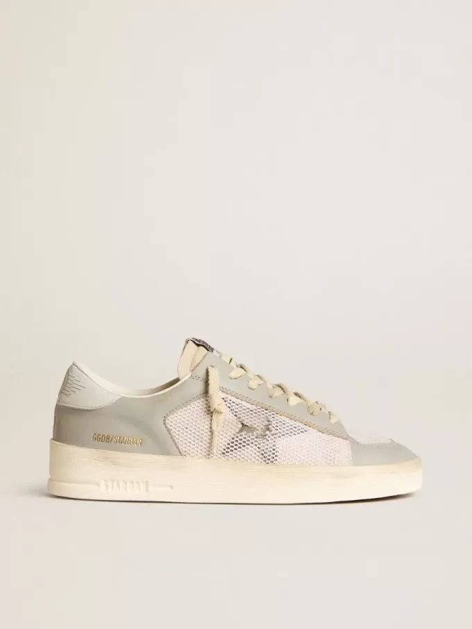 Stardan en piel napa gris y malla blanca con estrella de piel gris