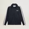 Sudadera azul oscuro con cremallera, franja blanca y estrellas en contraste Sudadera azul oscuro con cremallera, franja blanca y estrellas en contraste