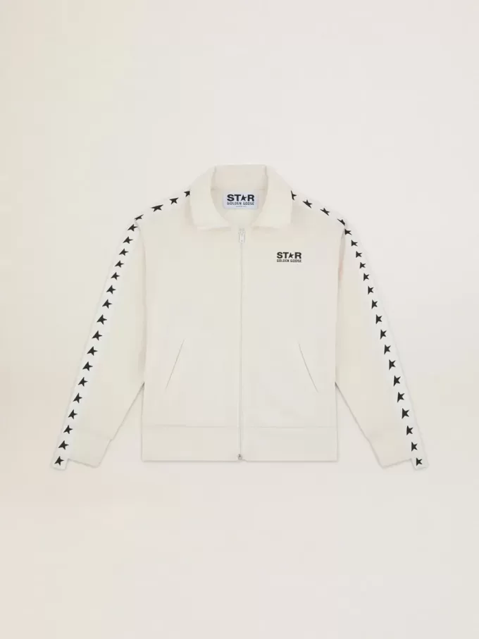 Sudadera blanca con cremallera para mujer con franja blanca y estrellas negras Sudadera blanca con cremallera para mujer con franja blanca y estrellas negras