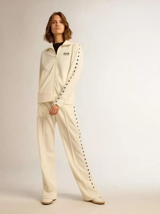 Sudadera blanca con cremallera para mujer con franja blanca y estrellas negras Sudadera blanca con cremallera para mujer con franja blanca y estrellas negras