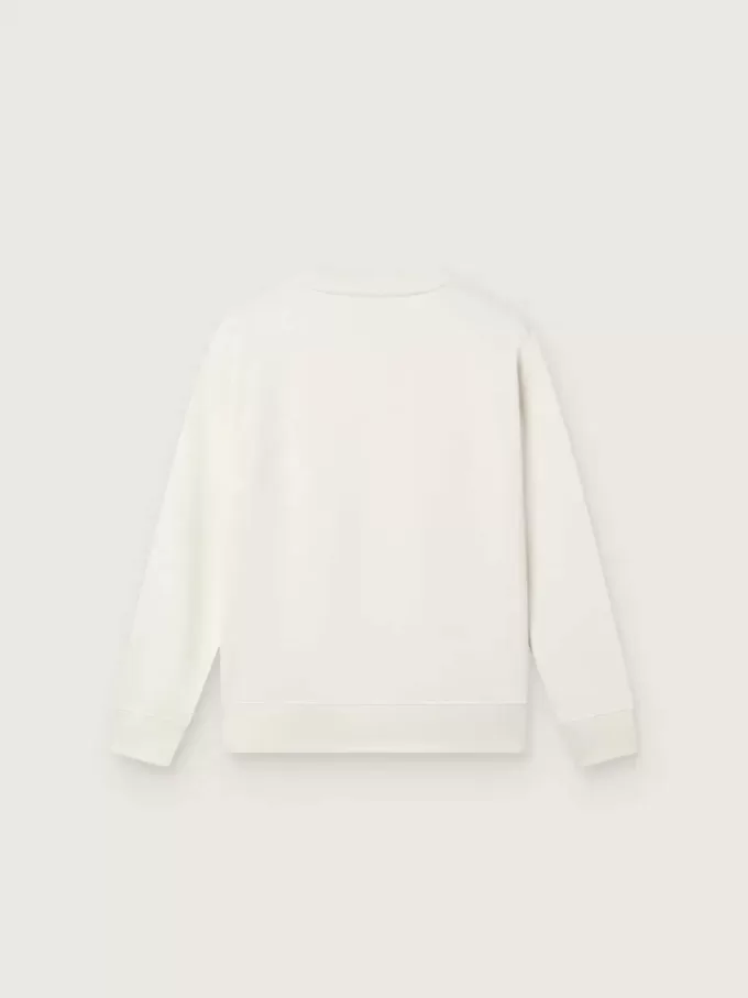 Sudadera blanca de algodón con cuello redondo para niña, con estampado de mascota y apliques de cristales. Sudadera blanca de algodón con cuello redondo para niña, con estampado de mascota y apliques de cristales.