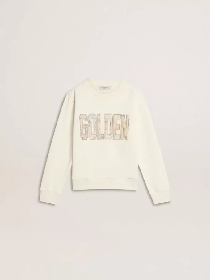 Sudadera blanca para niña con inscripción multicolor «Golden» en la parte delantera Sudadera blanca para niña con inscripción multicolor «Golden» en la parte delantera
