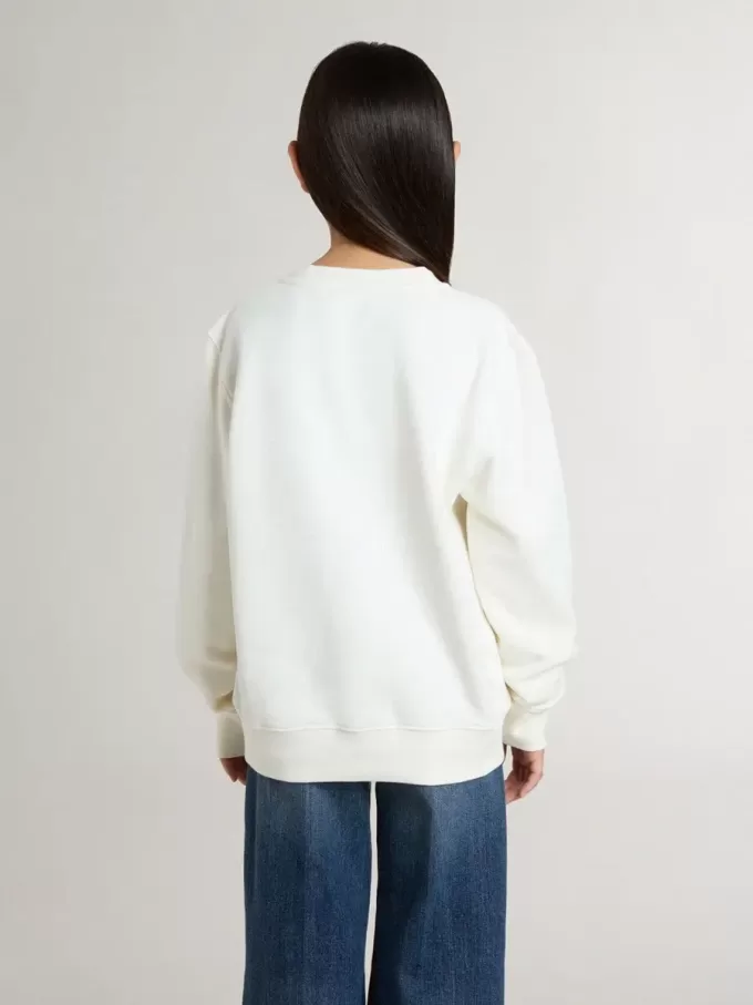 Sudadera blanca para niña con inscripción multicolor «Golden» en la parte delantera Sudadera blanca para niña con inscripción multicolor «Golden» en la parte delantera