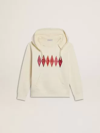 Sudadera con capucha en blanco desgastado con bordado dorado en la parte delantera.