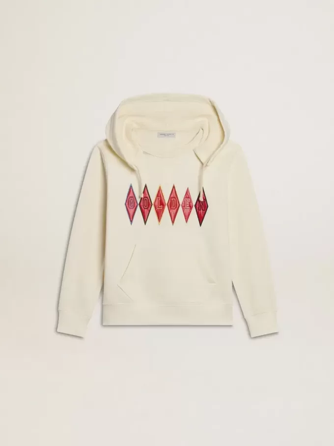 Sudadera con capucha en blanco desgastado con bordado dorado en la parte delantera.