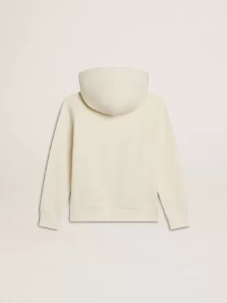 Sudadera con capucha en blanco desgastado con bordado dorado en la parte delantera.