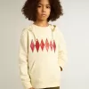 Sudadera con capucha en blanco desgastado con bordado dorado en la parte delantera.