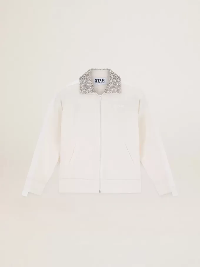 Sudadera con cremallera Denise Star Collection en color blanco papiro con cuello de cristal Sudadera con cremallera Denise Star Collection en color blanco papiro con cuello de cristal