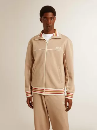 Sudadera con cremallera para hombre en color beige claro con logotipo blanco