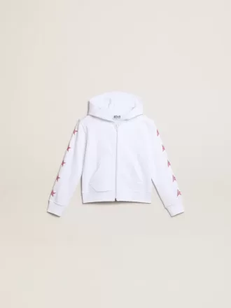 Sudadera con cremallera para niña en color blanco con estrellas brillantes en las mangas