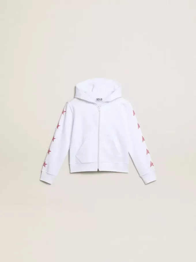 Sudadera con cremallera para niña en color blanco con estrellas brillantes en las mangas Sudadera con cremallera para niña en color blanco con estrellas brillantes en las mangas