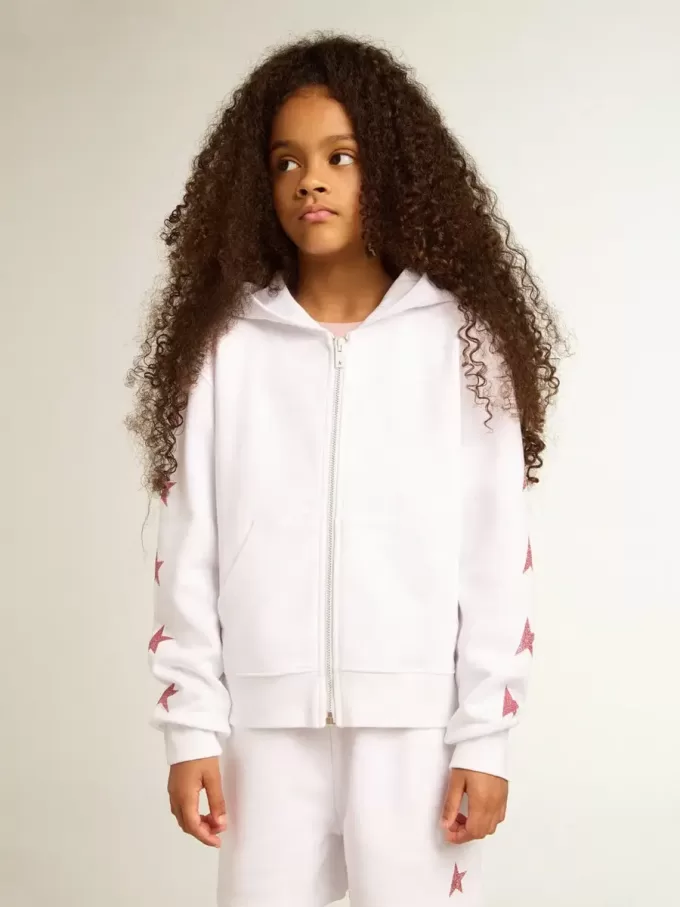 Sudadera con cremallera para niña en color blanco con estrellas brillantes en las mangas Sudadera con cremallera para niña en color blanco con estrellas brillantes en las mangas