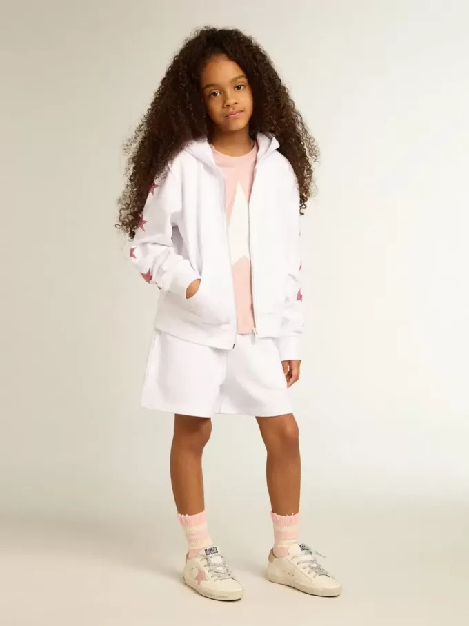 Sudadera con cremallera para niña en color blanco con estrellas brillantes en las mangas Sudadera con cremallera para niña en color blanco con estrellas brillantes en las mangas