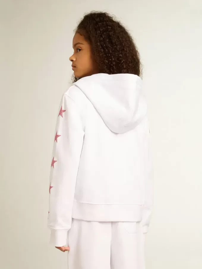 Sudadera con cremallera para niña en color blanco con estrellas brillantes en las mangas Sudadera con cremallera para niña en color blanco con estrellas brillantes en las mangas
