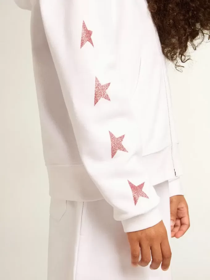 Sudadera con cremallera para niña en color blanco con estrellas brillantes en las mangas Sudadera con cremallera para niña en color blanco con estrellas brillantes en las mangas