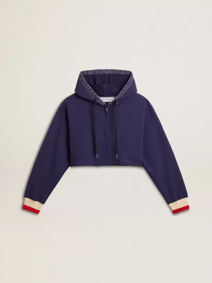 Sudadera corta azul oscuro con cremallera y capucha bordada Sudadera corta azul oscuro con cremallera y capucha bordada