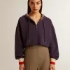 Sudadera corta azul oscuro con cremallera y capucha bordada Sudadera corta azul oscuro con cremallera y capucha bordada