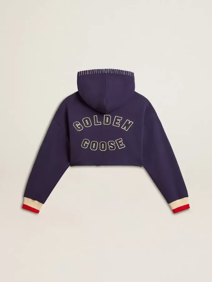 Sudadera corta azul oscuro con cremallera y capucha bordada Sudadera corta azul oscuro con cremallera y capucha bordada