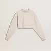 Sudadera corta de algodón color crema para mujer con cristales en la parte delantera Sudadera corta de algodón color crema para mujer con cristales en la parte delantera