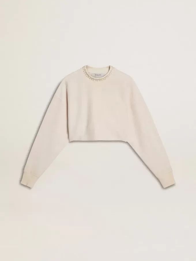 Sudadera corta de algodón color crema para mujer con cristales en la parte delantera Sudadera corta de algodón color crema para mujer con cristales en la parte delantera