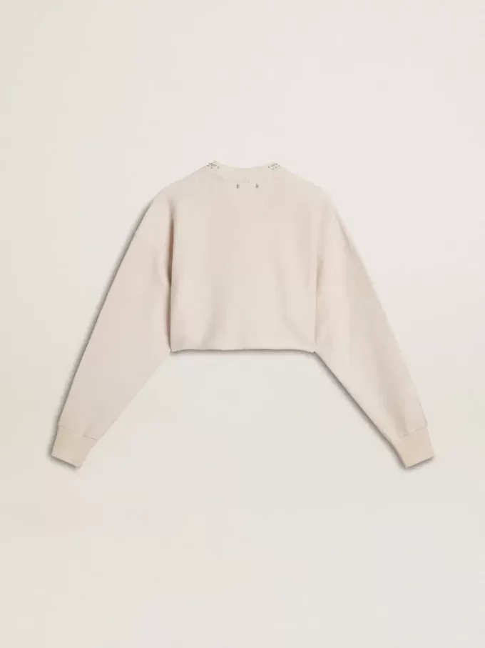 Sudadera corta de algodón color crema para mujer con cristales en la parte delantera Sudadera corta de algodón color crema para mujer con cristales en la parte delantera