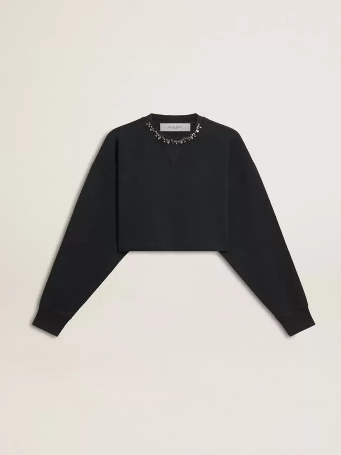 Sudadera corta de algodón para mujer con cristales en la parte delantera Sudadera corta de algodón para mujer con cristales en la parte delantera